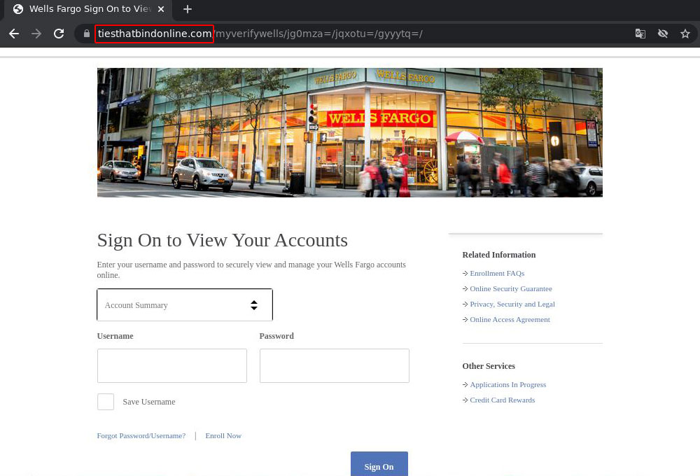 Phishing site imitating Wells Fargo